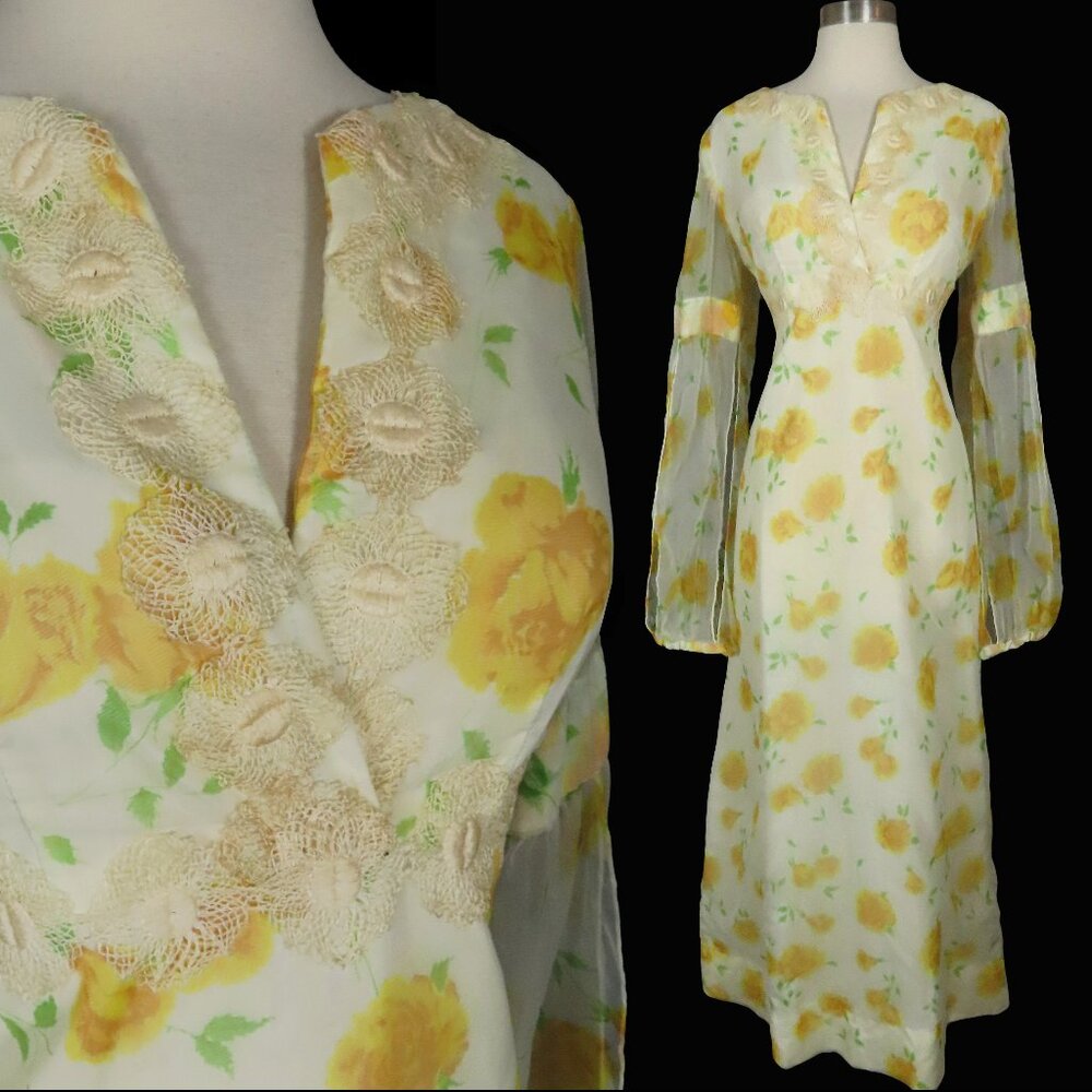 Vintage 70s Yellow Rose Floral Long Split Sleeves Empire Waist Maxi Dress L XL